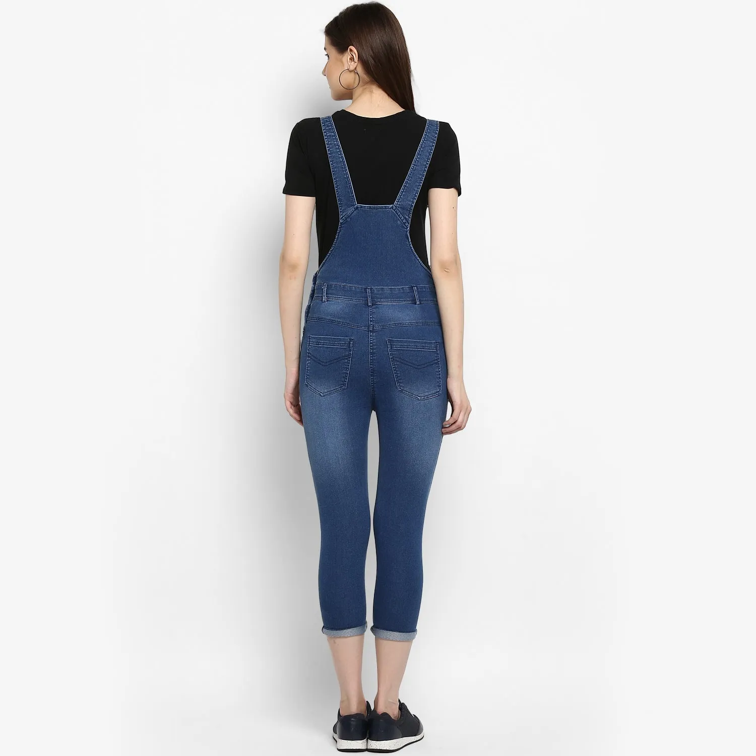 Women's Distressed Stretchable Denim Capri Style Dungarees(inner not provided) - StyleStone