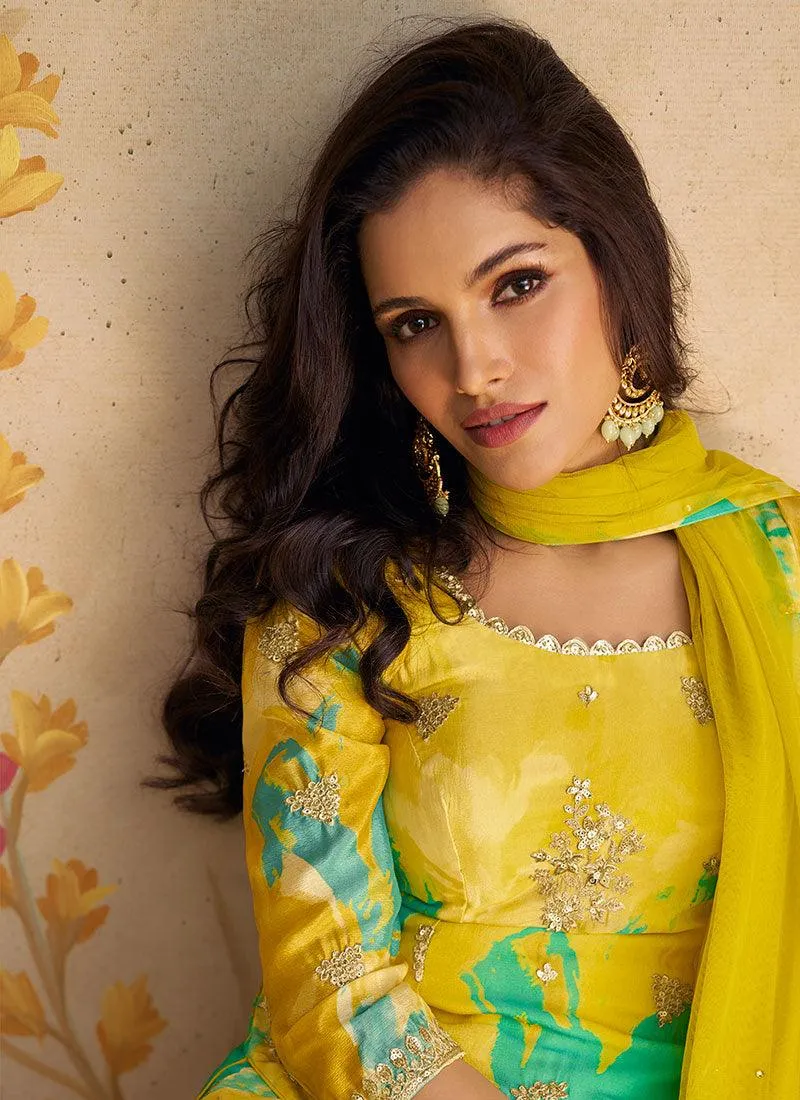 Yellow Green Chinon Silk Floral Festival Wear Top Palazzo Suit