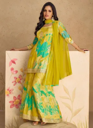 Yellow Green Chinon Silk Floral Festival Wear Top Palazzo Suit