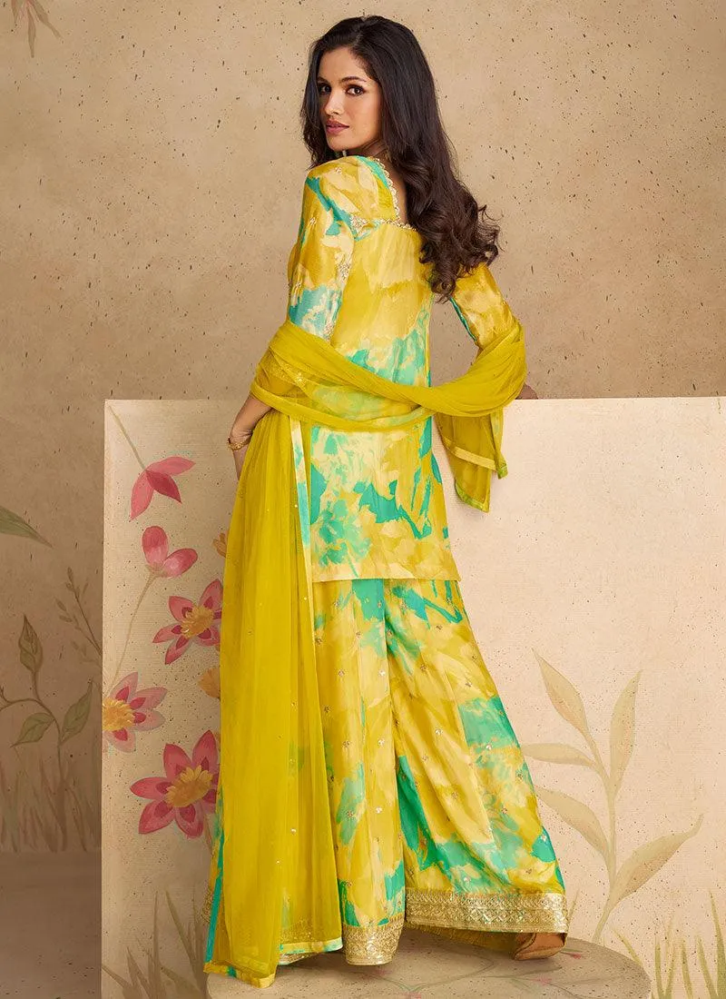 Yellow Green Chinon Silk Floral Festival Wear Top Palazzo Suit